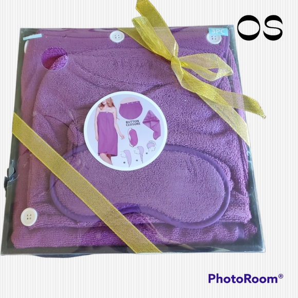 Bath Set NIB 3 pieces Purple Wrap, Hair Towel, Sleep Mask - Picture 1 of 5